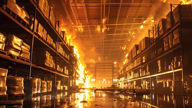 Warehouse inferno with shelves and goods ablaze