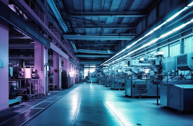 機械が並ぶ大規模な産業施設内の倉庫
