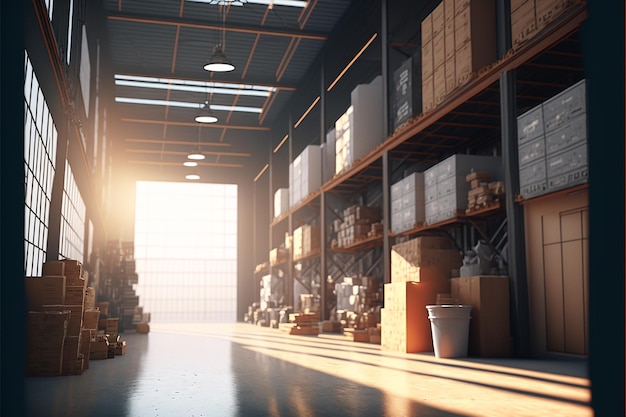 Warehouse interior, 3d rendering, bright light