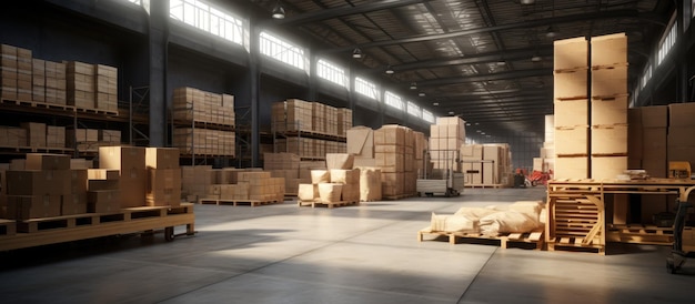 Warehouse interior featuring storage shelves pallets and containers