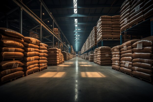 Фото Интерьер склада, заполненный товарами, предлагает графическое вдохновение для транспортировки