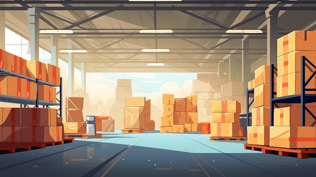 Warehouse interior with boxes and shelves illustration