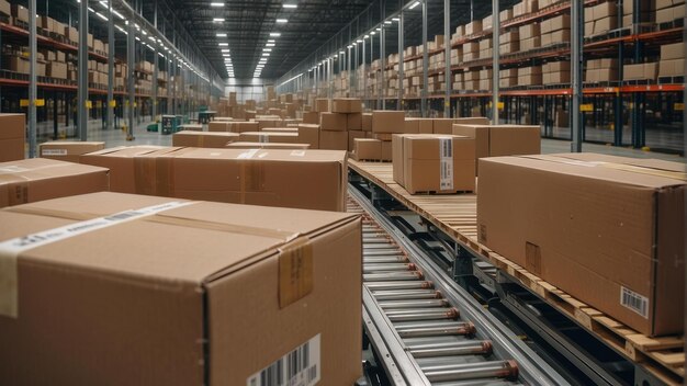 A warehouse interior with cardboard boxes on conveyor belts