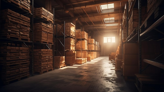 Warehouse interior with racks and full boxes Generative Ai