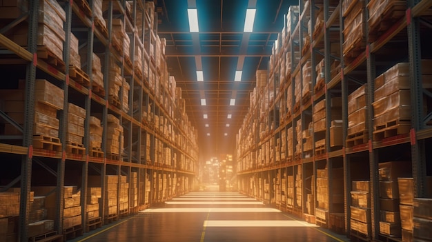 Warehouse interior with rows of shelves and boxes