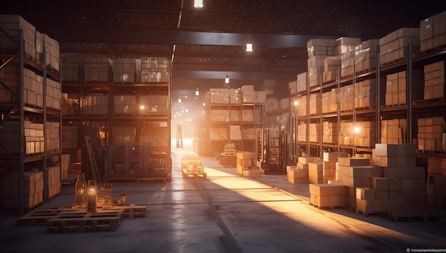 Warehouse interior with rows of shelves and containers with ai generated