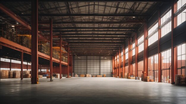 棚とパレットの列を持つ倉庫のインテリア 工業的な背景