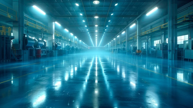 Warehouse interior with shelves and boxes in a modern factory building