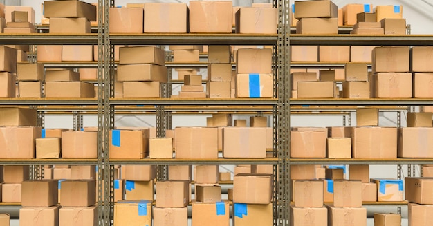 warehouse interior with shelves and cardboard boxes, Packed courier delivery concept image