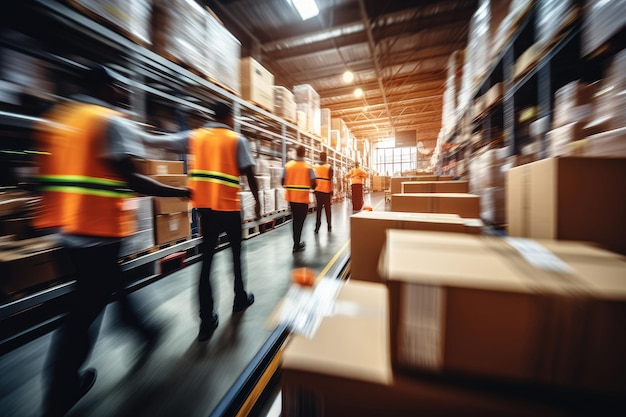 Warehouse interior with shelves pallets and boxes