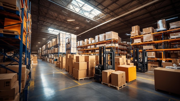 warehouse interior with shelves pallets and boxes