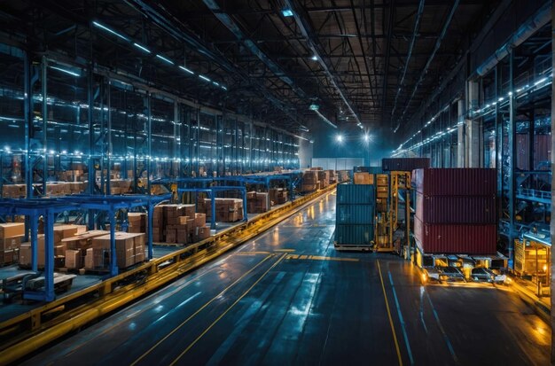 Photo warehouse interior with stacked boxes and forklift