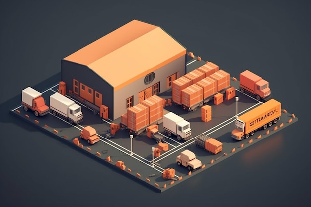 Photo warehouse isometric composition with trucks and boxes 3d rendering