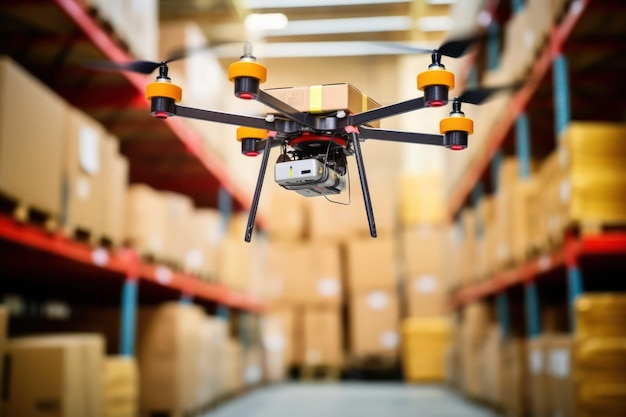 Warehouse Logistics Drone vervoert kleine pakketten binnenshuis