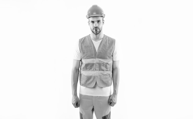 Photo warehouse man worker male road repair or construction worker isolated on white builder in hardhat and orange uniform guy engineer or architect working