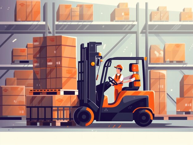 Warehouse man worker with forklift heavy loader truck warehouse