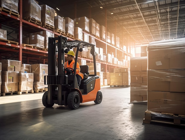 Photo warehouse man worker with forklift heavy loader truck warehouse
