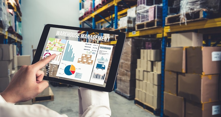 Photo warehouse management innovative software in computer for real time monitoring