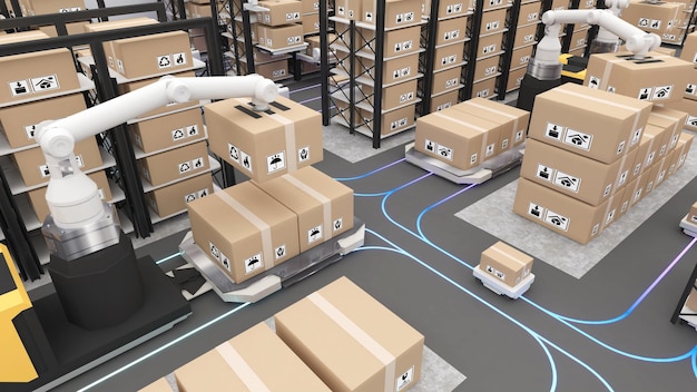 Warehouse management with automated roboticsThe transport vehicle uses a robotic armrobots