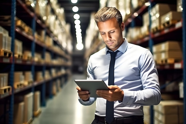 Warehouse Manager Checking Inventory on Tablet