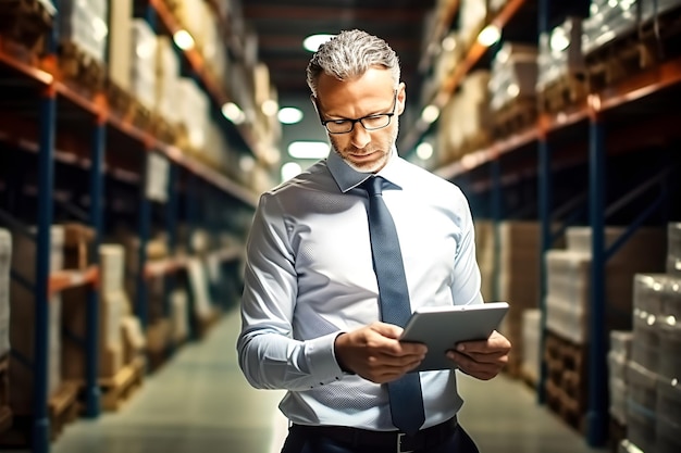 Warehouse Manager Checking Inventory on Tablet