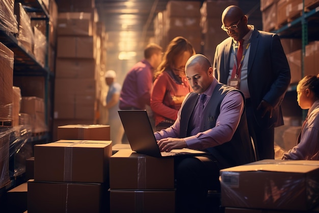 Warehouse managers die efficiënt de logistieke verzending coördineren en met een laptop aan het werk zijn