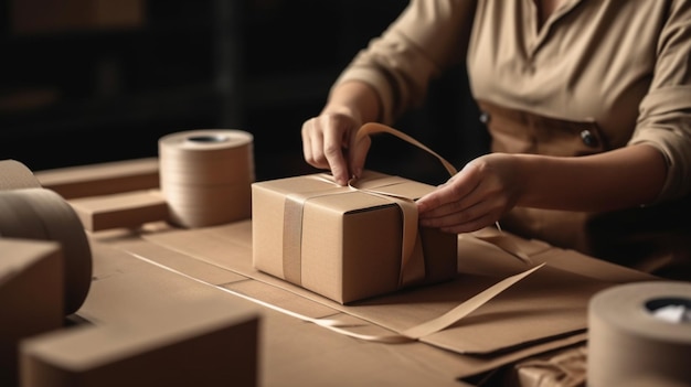 Photo warehouse order picker packing and sealing cardboard box with tape for dispatch