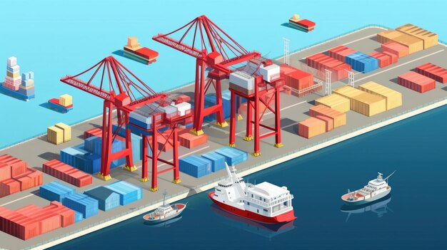 Warehouse port vector conceptual web banner isometric projection ships with containers on the berth at the port cranes workers cars hangars ashore for transport