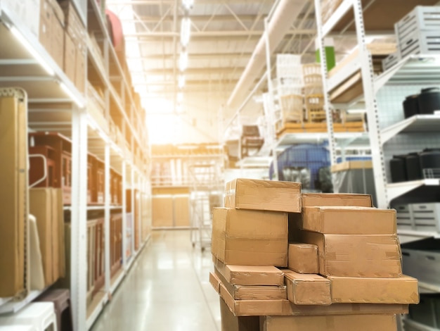 Warehouse product box stores that stock goods on shelves