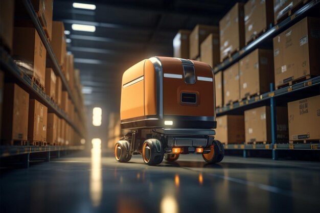Foto warehouse robotics distributiecentrumconcept geautomatiseerde robot vervoert dozen moeiteloos