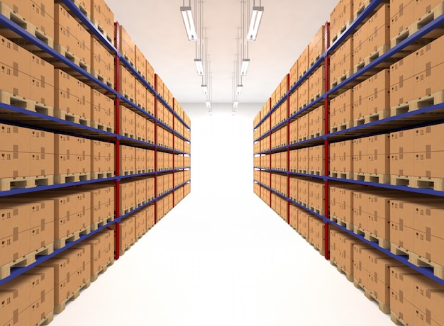 Warehouse shelves filled with boxes.