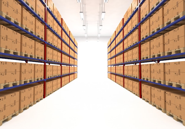 Warehouse shelves filled with boxes.