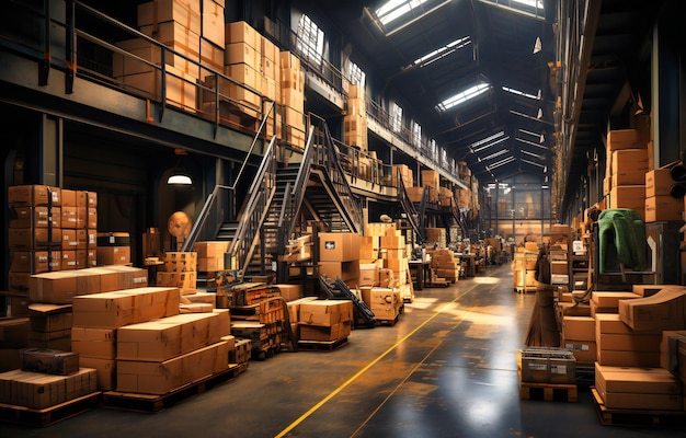 A warehouse and some boxes in it