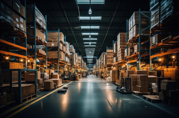 warehouse spaces with many boxes and racks