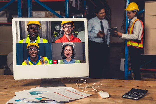 Warehouse staff talking on video call at computer screen in storage warehouse