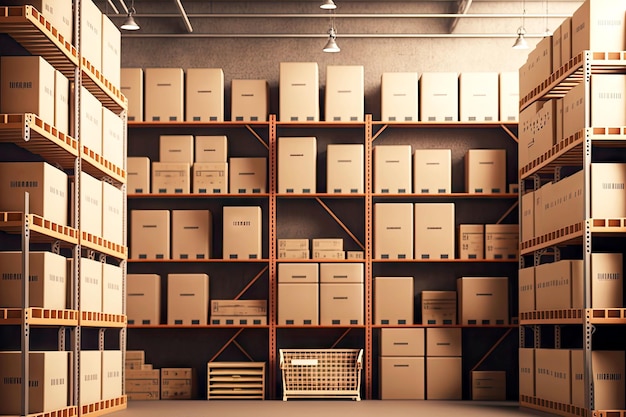 Warehouse for storage of boxes with documents on shelves created with generative ai