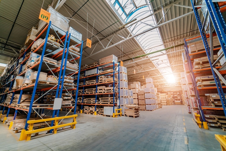 Photo warehouse storage of a retail goods store. rows of shelves with boxes