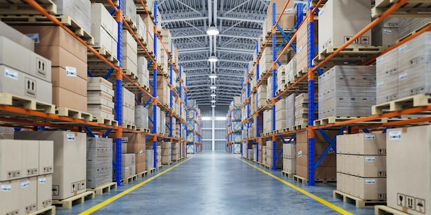 Photo warehouse or storage and shelves with cardboard boxes industrial background
