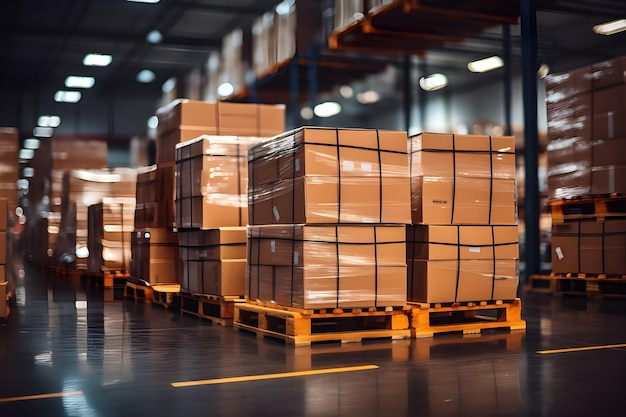 Warehouse or storehouse with rows of pallets Industrial background