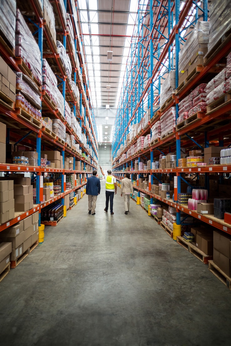 Photo warehouse team discussing while walking in warehouse