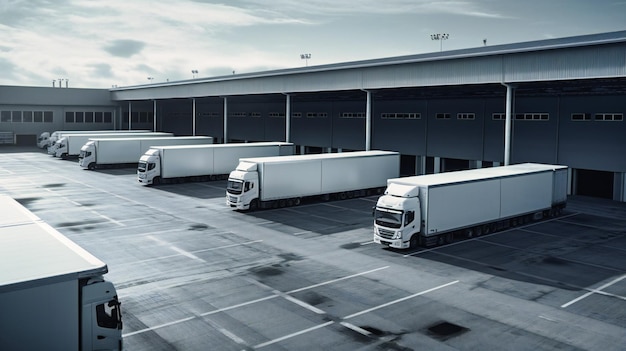 A warehouse and trucks parked outside