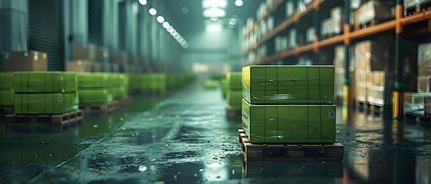 Foto warehouse vol met kalkgroene teruggeroepen goederen in kartonnen dozen op pallets concept warehouse clearance kalkgroene teruggedraaide goederen kartonnen boksen pallets verwarmde omgeving