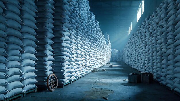 a warehouse with bags of flour and a light on the ceiling