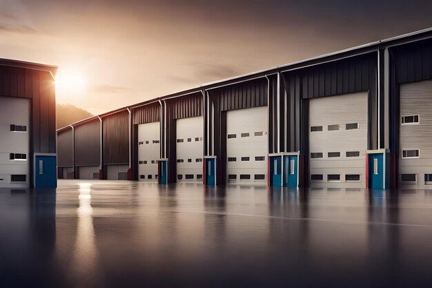 Photo a warehouse with a blue door and a sun setting behind it.