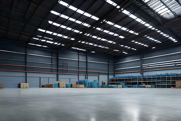 A warehouse with a blue sign on the wall