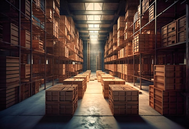 A warehouse with boxes and boxes and various shelving units