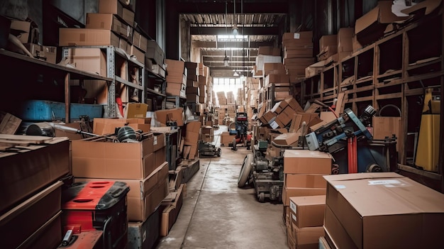 A warehouse with boxes on the floor and a man in the back