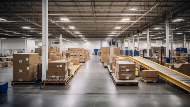 A warehouse with boxes on the floor and a warehouse with a sign that says'warehouse '