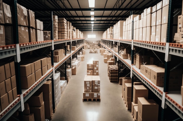 A warehouse with boxes on the shelves