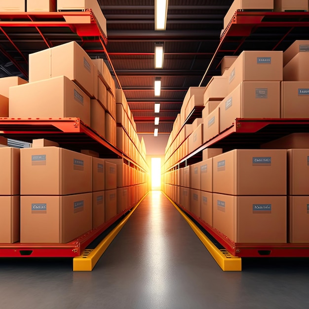 A warehouse with boxes on the shelves